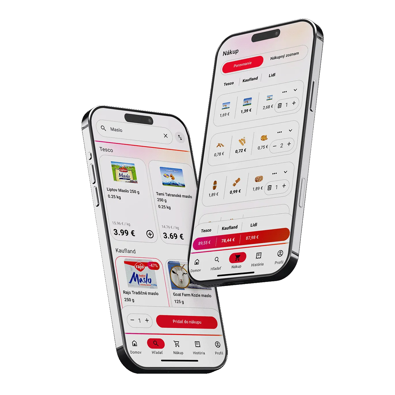 Grocerly app interface - porovnávač cien